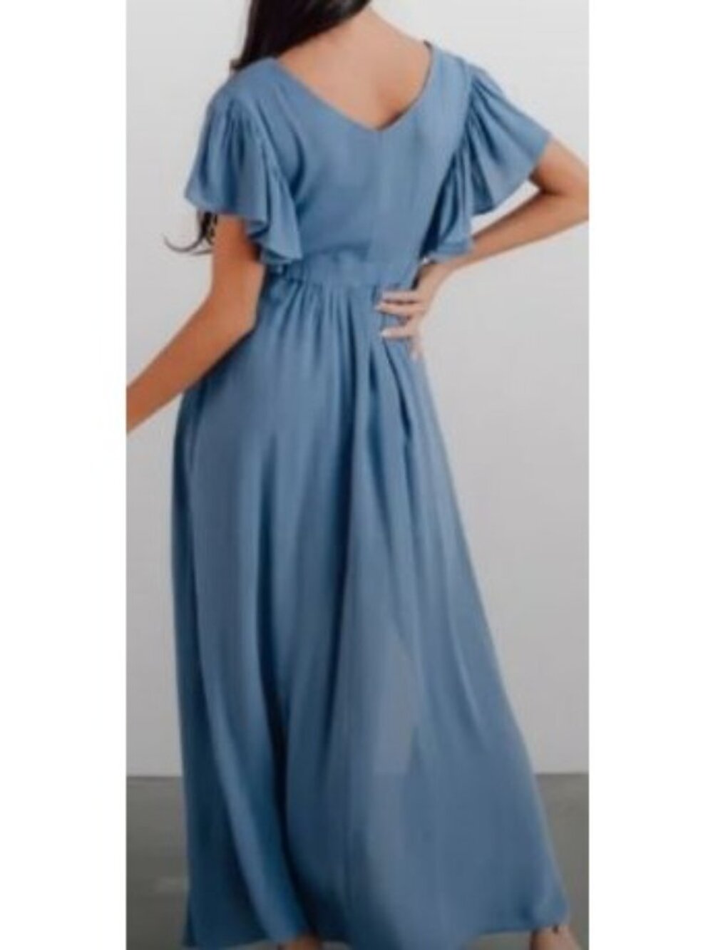 Baltic Born Jennifer Blue Maxi Dress Womens Sz S Deep V Flutter Sleeve Lace Slit - Picture 10 of 10